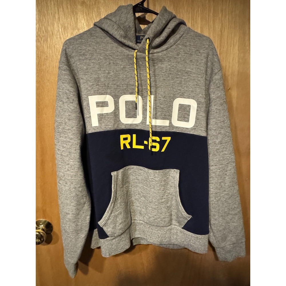 Polo Ralph Lauren RL-67 Colorblock Grey Sweatshirt Sportsman Hoodie Large
